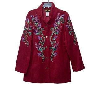 Bob Mackie Red Floral Embroidered Button Up Jacket Size Medium